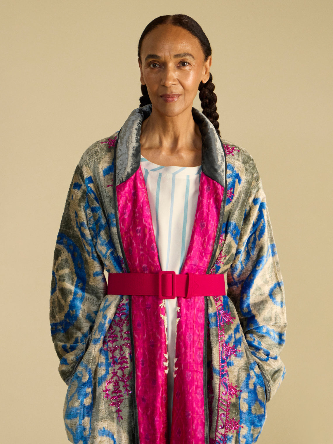 Women's Hand-Loomed Ikat Silk and Cotton Reversible Robe | One Size
