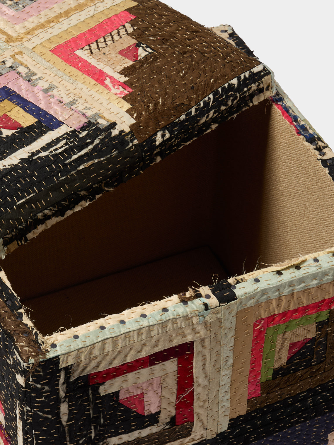 By Walid - Oak and Log Cabin Patchwork Storage Stool - Multiple - ABASK