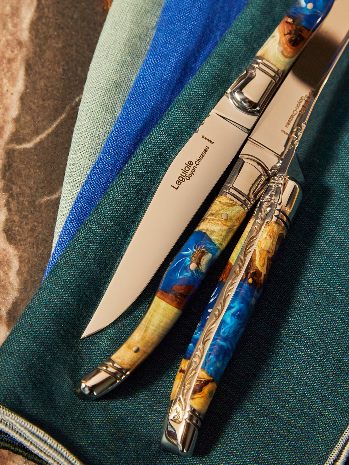 Goyon-Chazeau - Laguiole Pressed Flowers Resin Steak Knives (Set of 6) -  - ABASK
