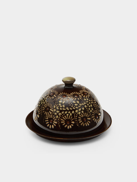 Poterie d’Évires - Flowers Hand-Painted Ceramic Small Lidded Butter Dish - Dark brown - ABASK - 
