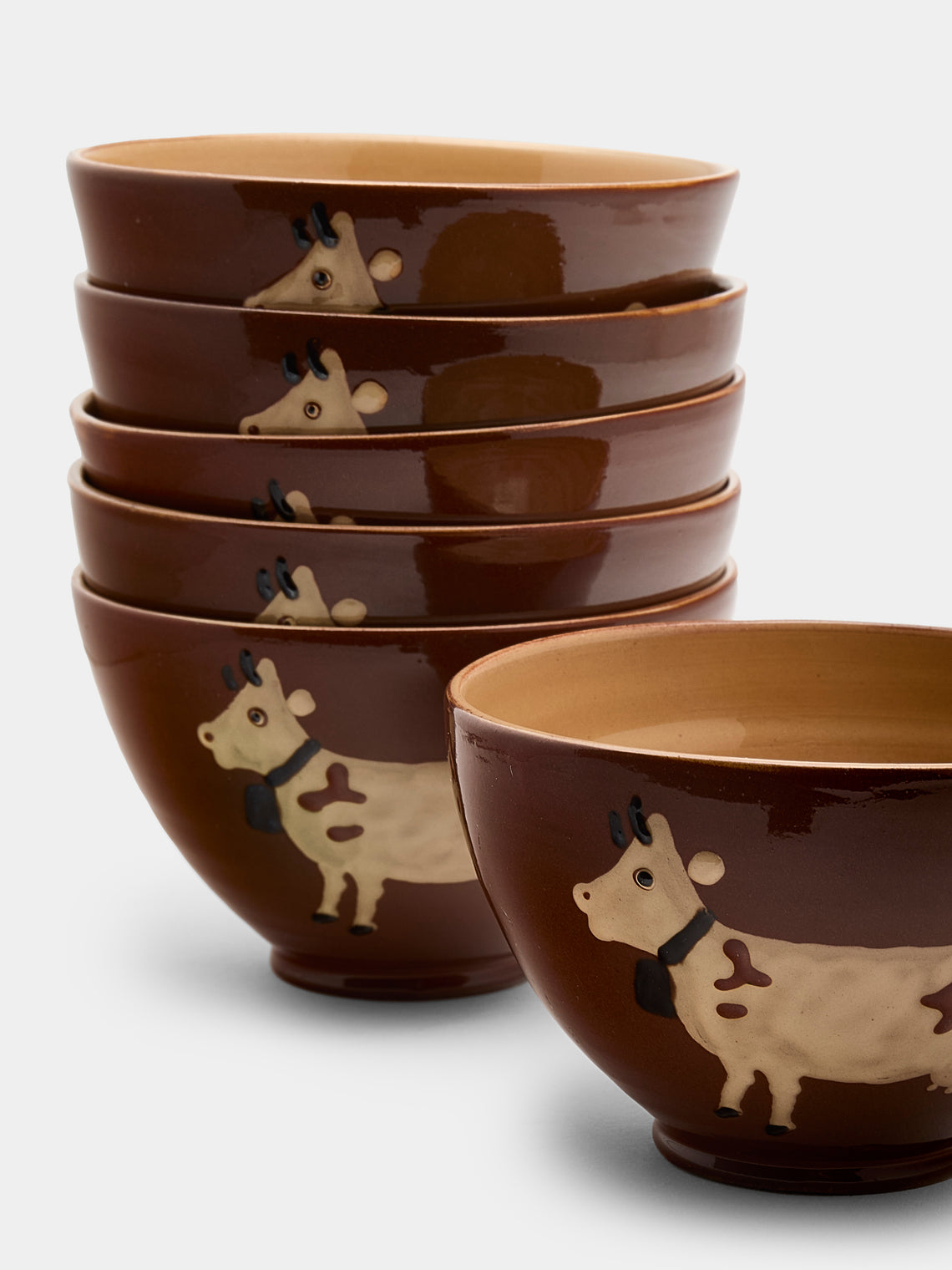 Poterie d’Évires - Cows Hand-Painted Ceramic Bowls (Set of 6) - Light brown - ABASK