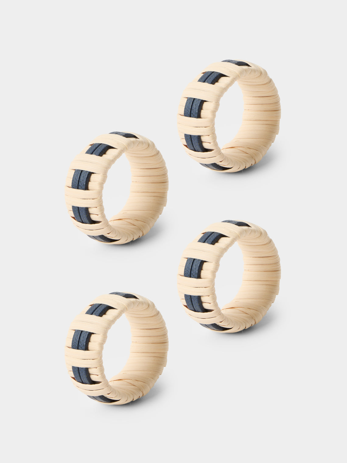 Pigment France - | Set of 4 | Anglet Leather and Rattan Napkin Rings - Blue - ABASK