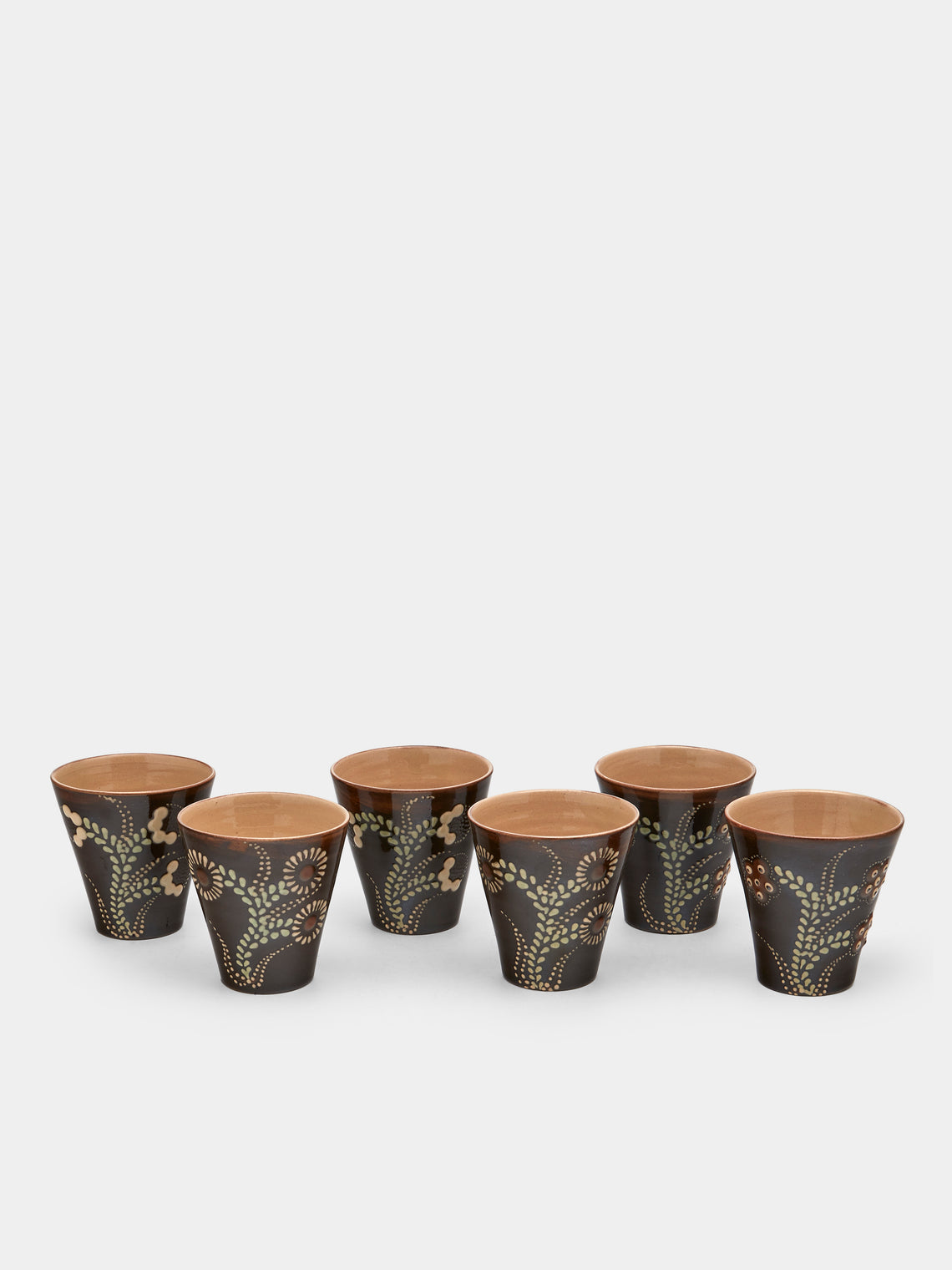 Poterie d’Évires - Flowers Hand-Painted Ceramic Coffee Cups (Set of 6) - Dark brown - ABASK