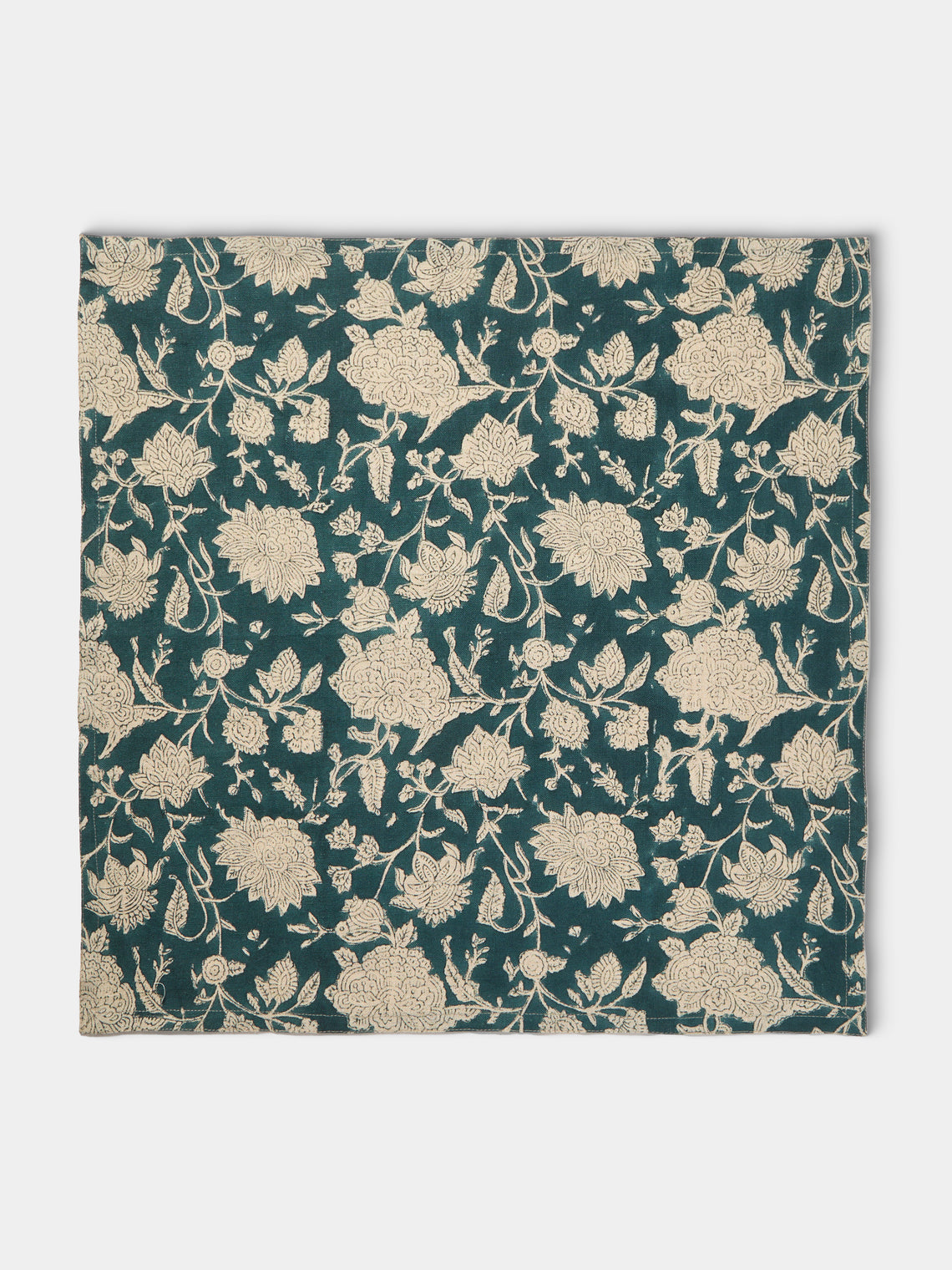 Chamois - Indian Rose Block-Printed Linen Napkins (Set of 4) - Blue - ABASK - 