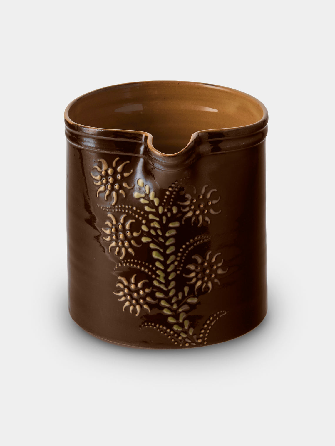 Poterie d’Évires - Flowers Hand-Painted Ceramic Straight-Edge Medium Jug - Dark Brown - ABASK