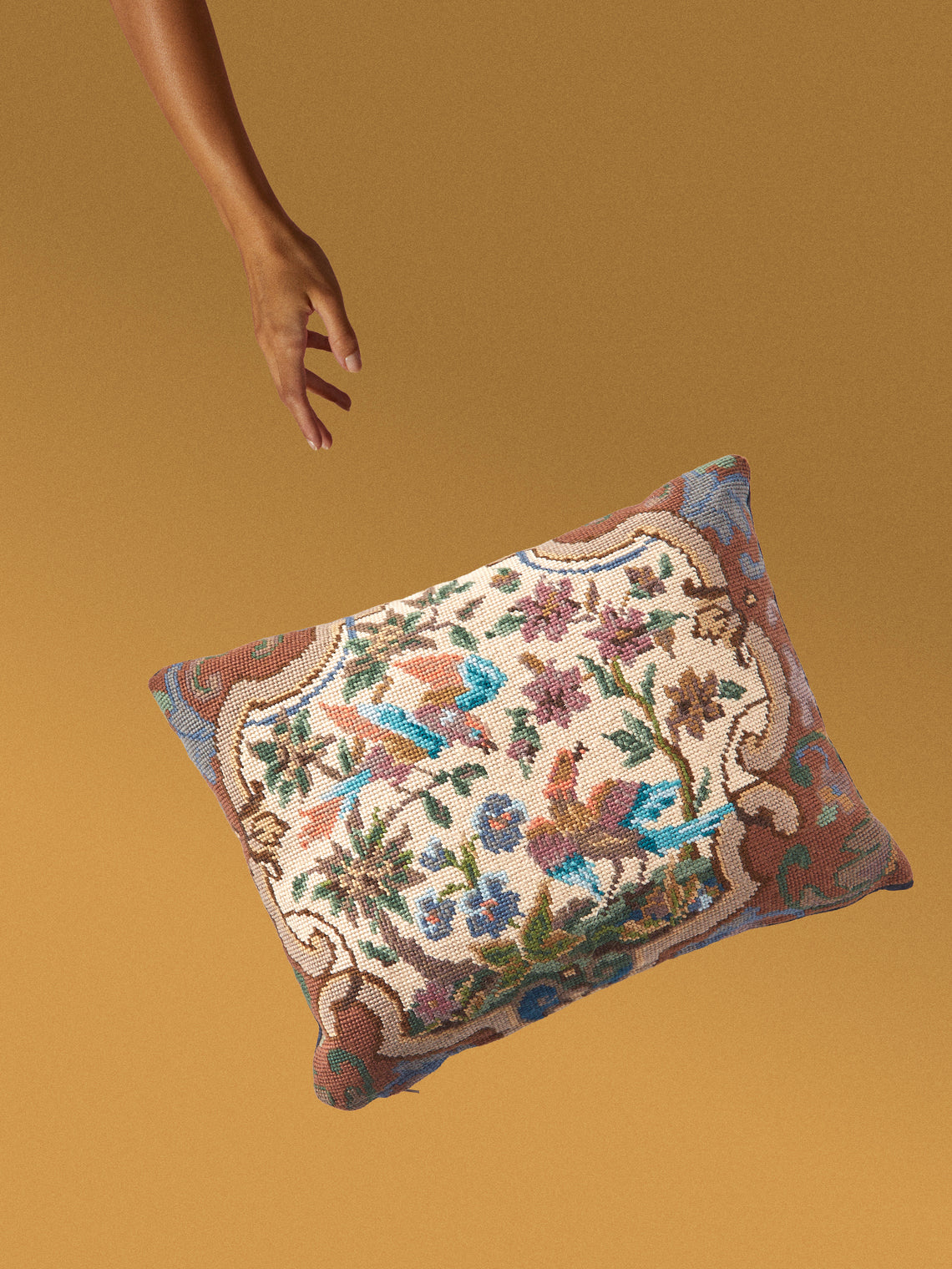 By Walid - 19th-Century Victorian Needlepoint Wool, Linen and Damask Cushion (15.5in/40cm) - Multiple - ABASK