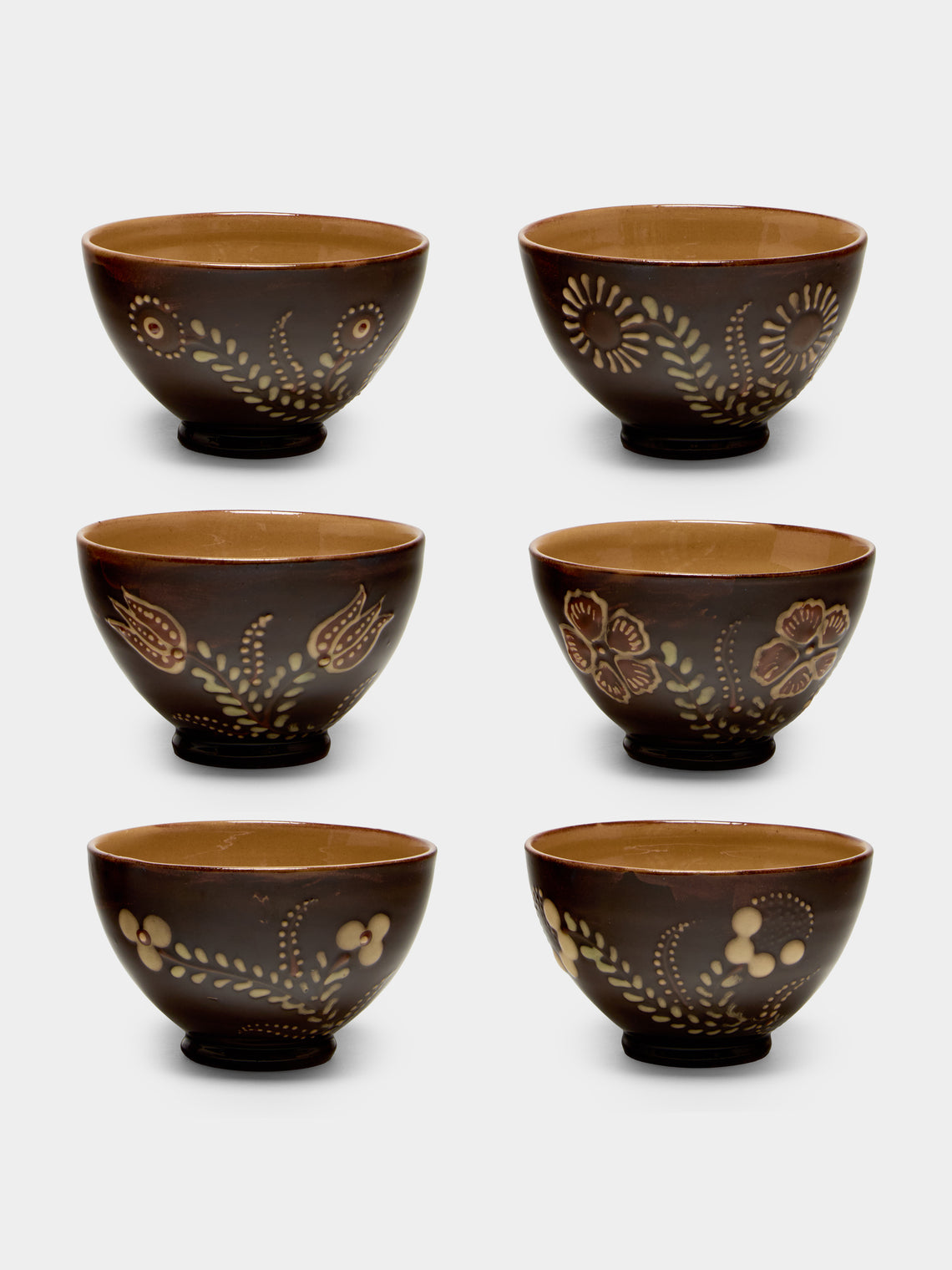Poterie d’Évires - Flowers Hand-Painted Ceramic Petite Bowls (Set of 6) - Dark brown - ABASK