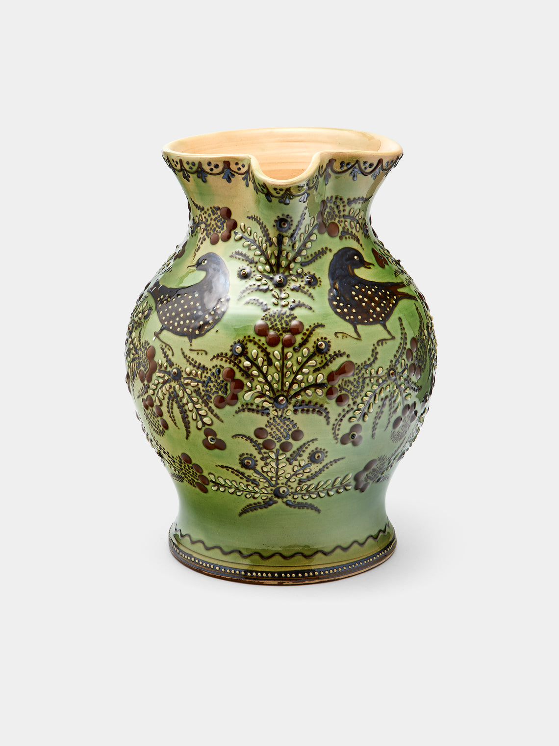 Poterie d’Évires - Birds Hand-Painted Ceramic Large Round Jug - Green - ABASK