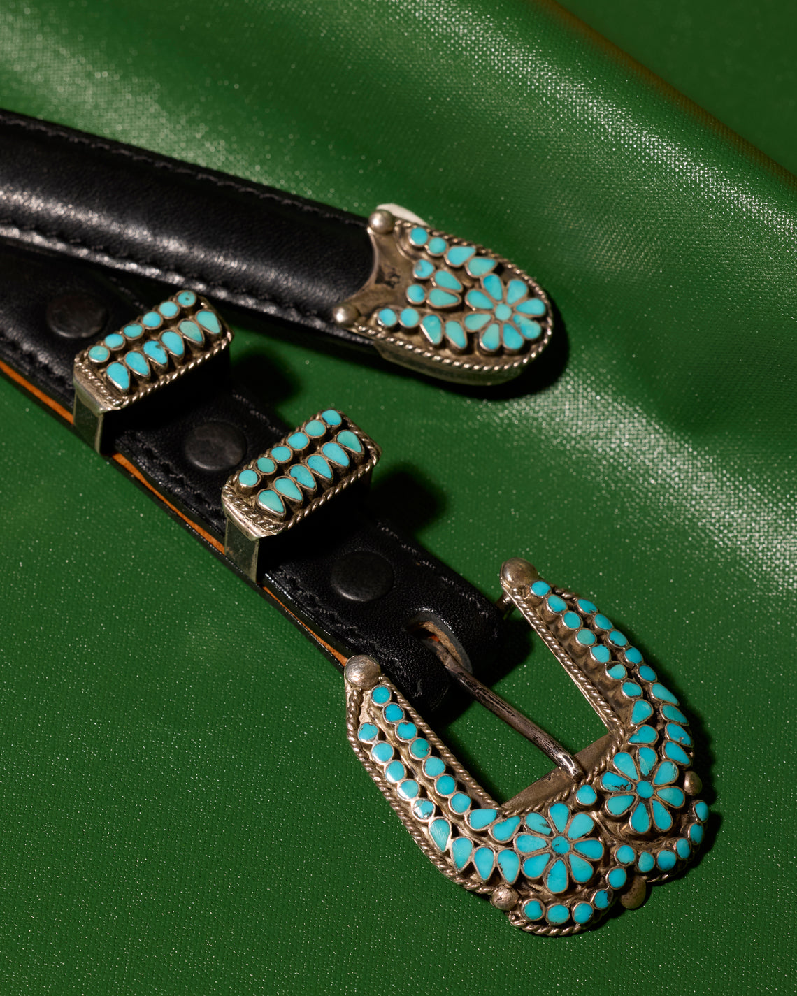 Mahnaz Collection - Women's Vintage 1970 Virgil Dishta Silver and Turquoise Ranger Belt - Black - ABASK