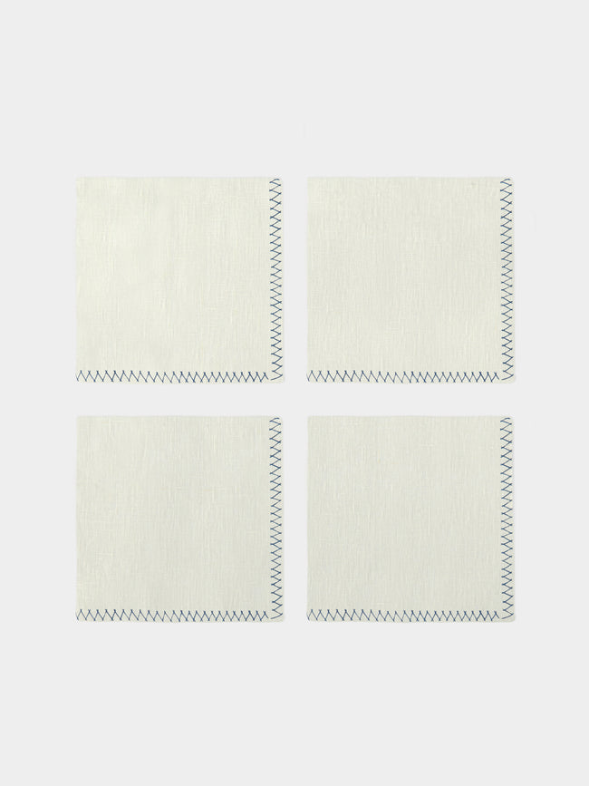 Anut Cairo - Zigzag Hand-Embroidered Linen Napkins (Set of 4) - Blue - ABASK