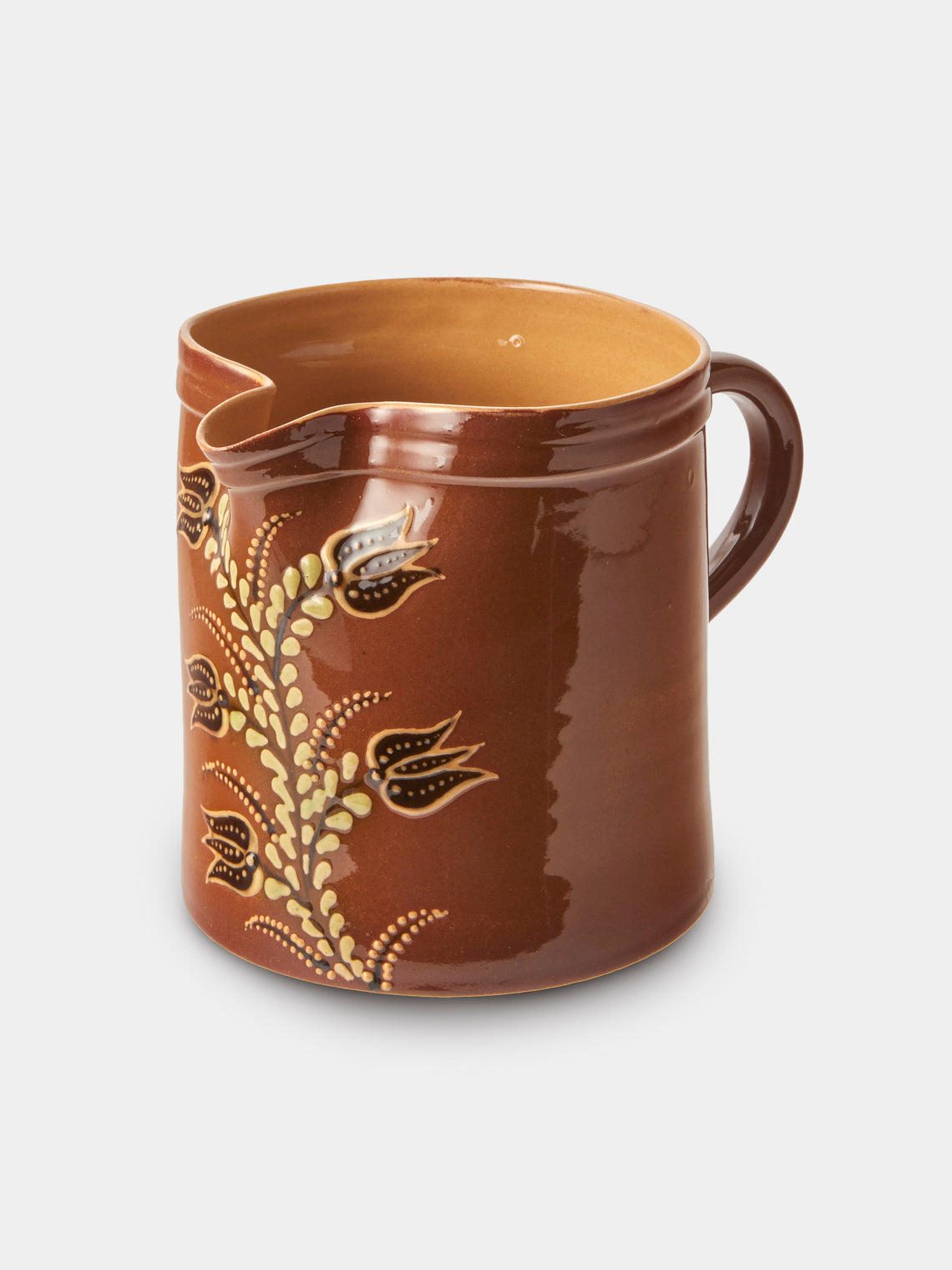 Poterie d’Évires - Flowers Hand-Painted Ceramic Straight-Edge Medium Jug - Light Brown - ABASK - 