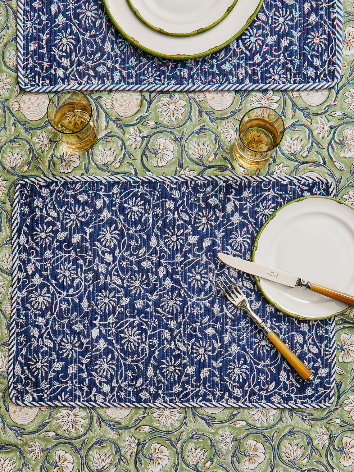 Chamois - Margerita Block-Printed Cotton Quilted Placemats (Set of 4) - Blue - ABASK