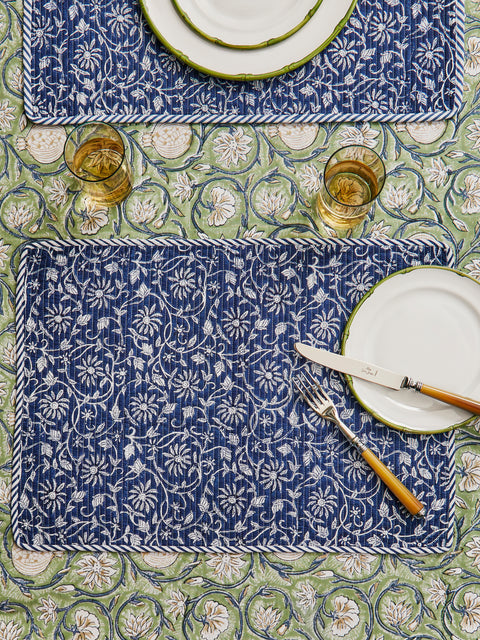 Chamois - Margerita Block-Printed Cotton Quilted Placemats (Set of 4) - Blue - ABASK