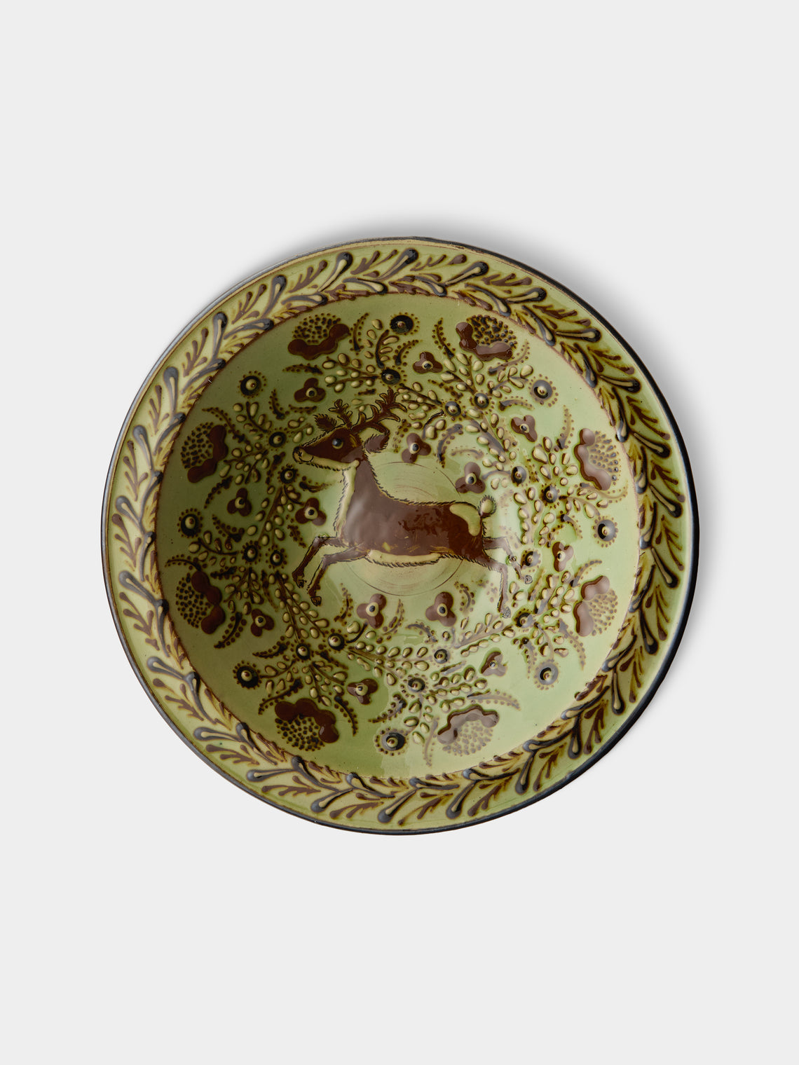 Poterie d’Évires - Stags Hand-Painted Ceramic Serving Bowl - Green - ABASK