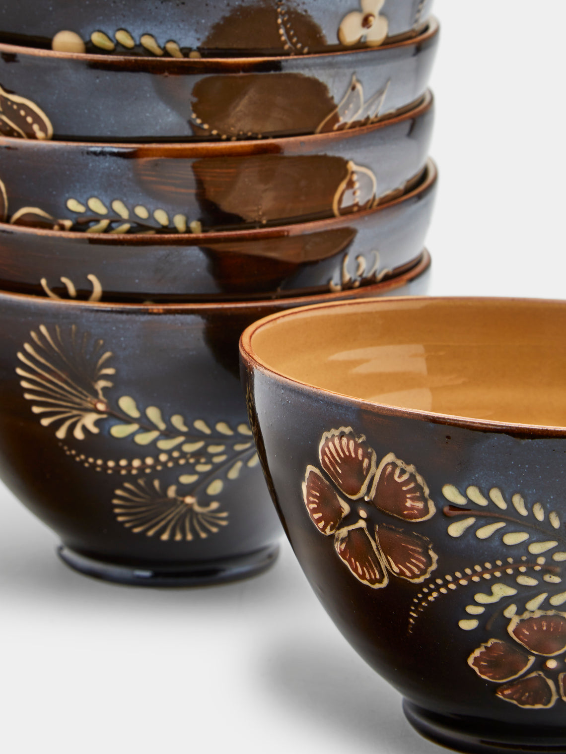 Poterie d’Évires - Flowers Hand-Painted Ceramic Bowls (Set of 6) - Dark brown - ABASK