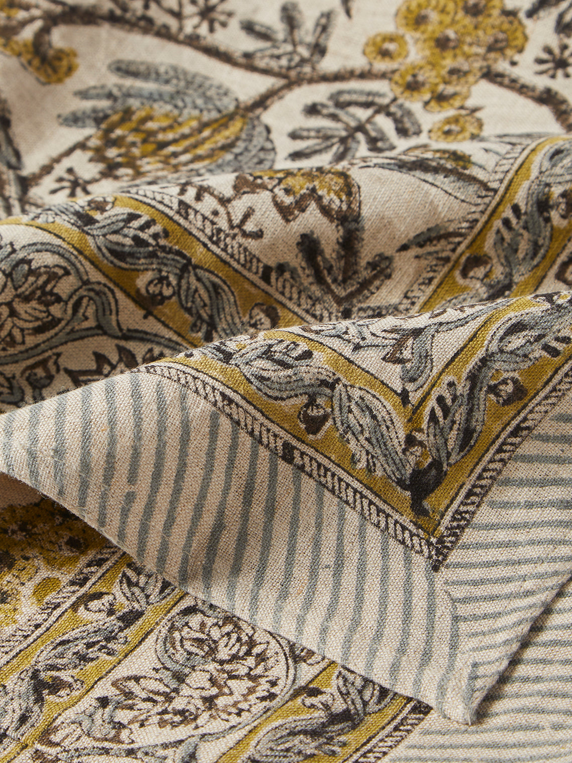 Chamois - Parrots Block Printed Linen Tablecloth (138in/3.5m) - Natural - ABASK