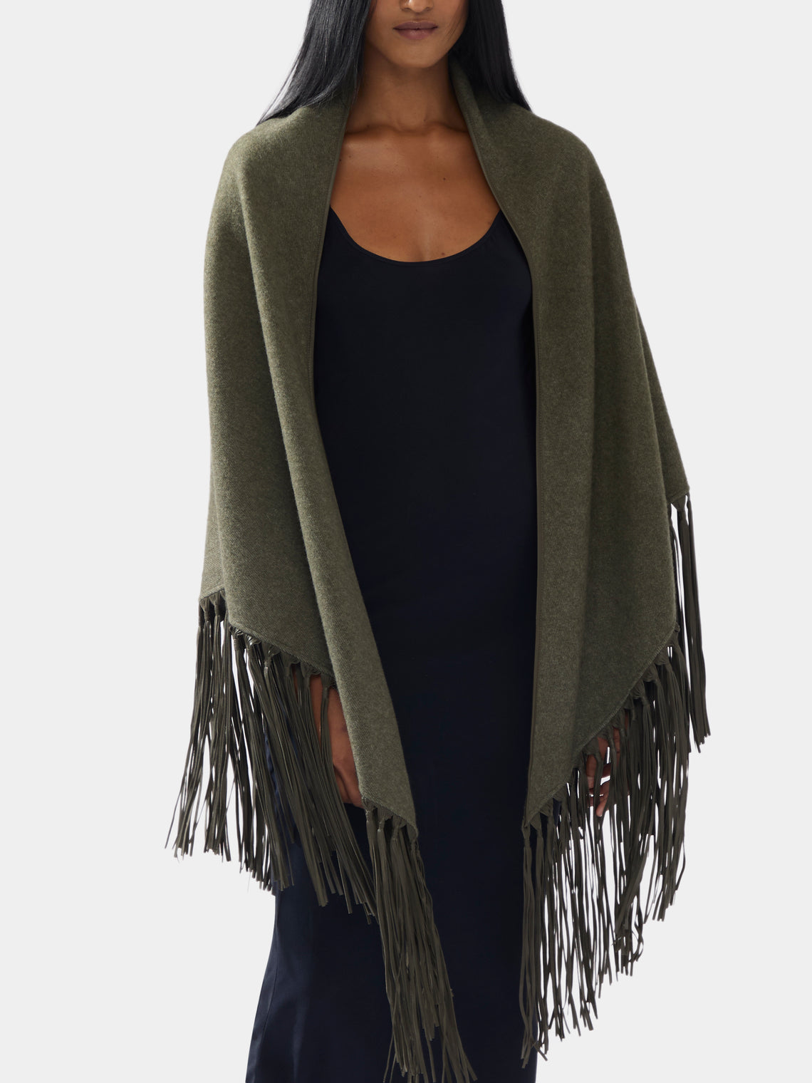 Women's Double-Faced Cashmere Long Shawl with Leather Fringing | One Size