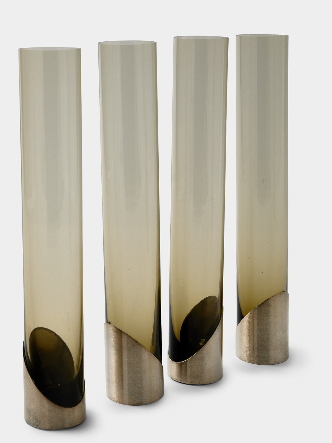 Antique and Vintage - | Set of 6 | 1970 Murano Glass and Sterling Silver Vases (10in/25cm) - Smoke - ABASK