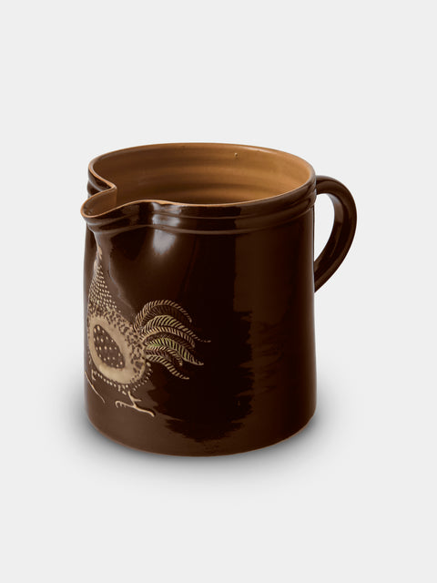 Poterie d’Évires - Chickens Hand-Painted Ceramic Straight-Edge Medium Jug - Dark Brown - ABASK - 