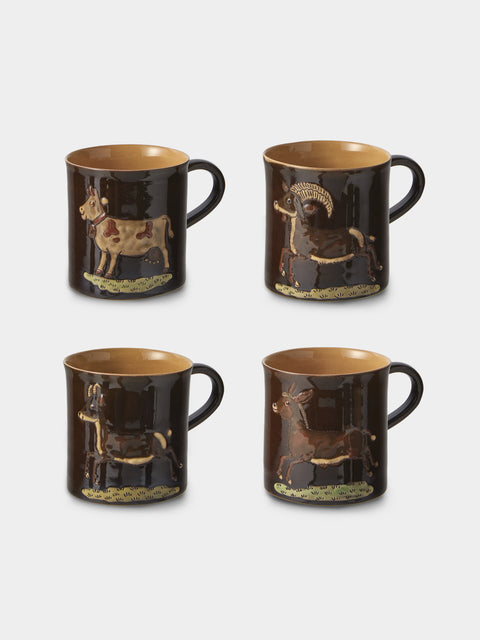 Poterie d’Évires - Animals Hand-Painted Ceramic Mugs (Set of 4) - Dark Brown - ABASK - 