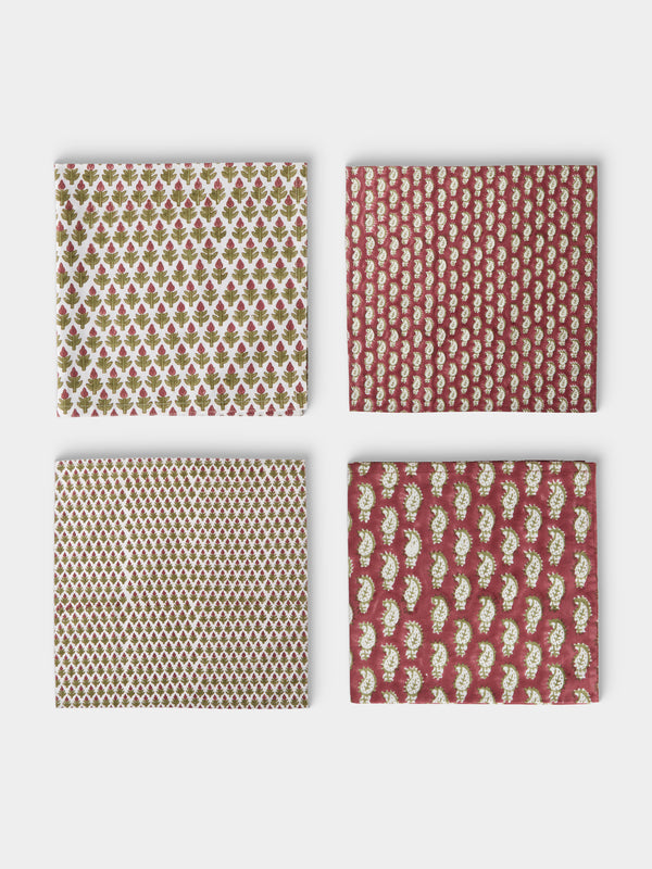 Chamois - Paisley Hyacinth Block-Printed Cotton Napkins (Set of 8) - Red - ABASK - 