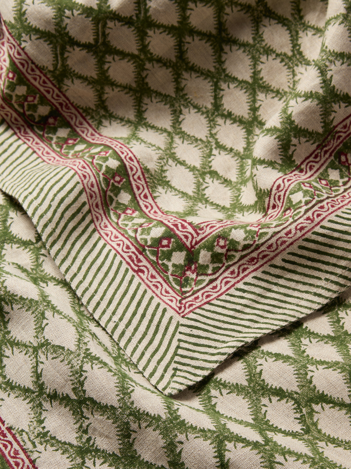 Chamois - Cypress Block-Printed Linen Rectangular Tablecloth (106in/2.7m) - Green - ABASK