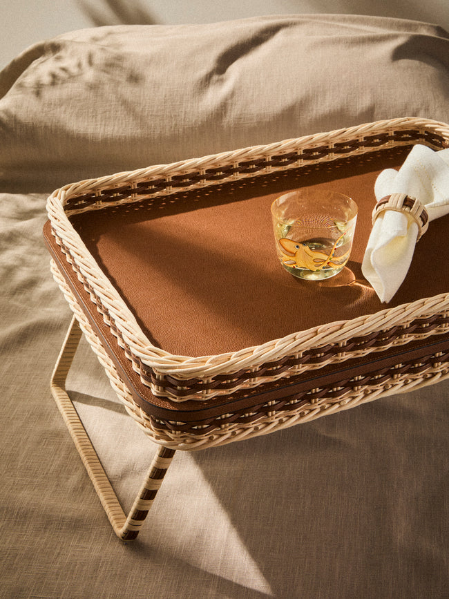 Pigment France - Reims Leather and Rattan Bed Tray (21in/54cm) - Brown - ABASK