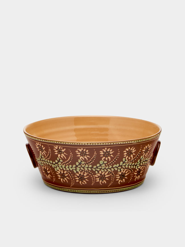Poterie d’Évires - Flowers Hand-Painted Ceramic Large Handled Serving Bowl - Light brown - ABASK - 