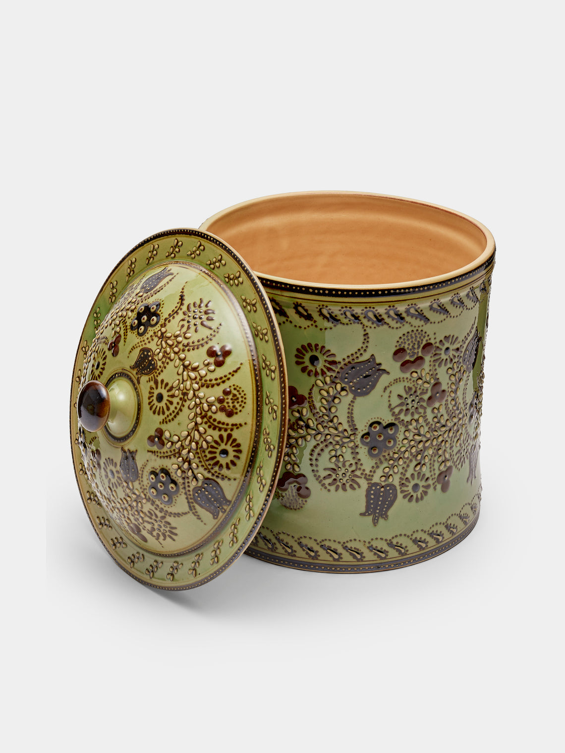 Poterie d’Évires - Flowers Hand-Painted Ceramic Large Lidded Pot - Green - ABASK