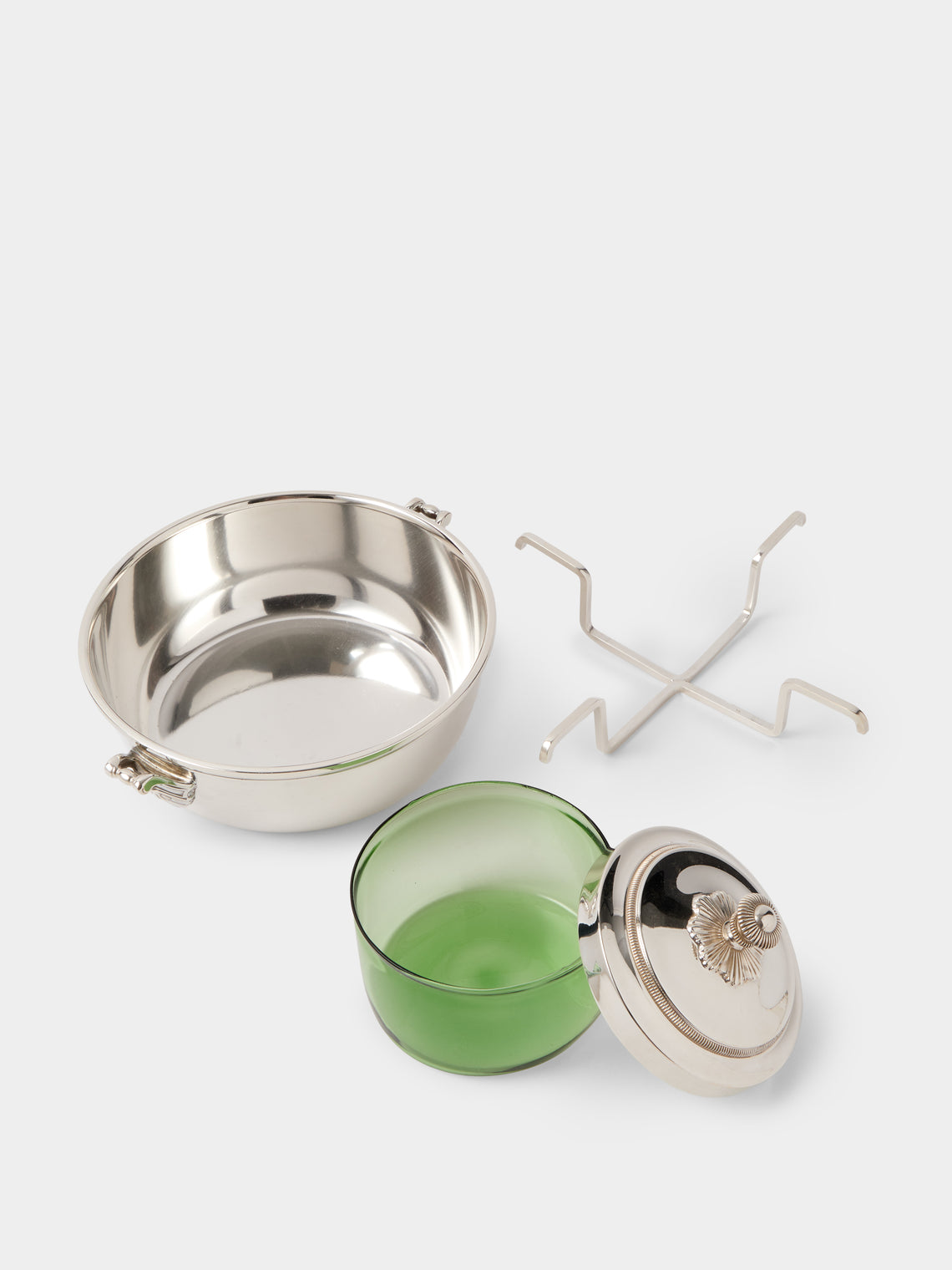 Antique and Vintage - 1980s Christofle Malmaison Silver-Plated and Glass Caviar Dish - Green - ABASK