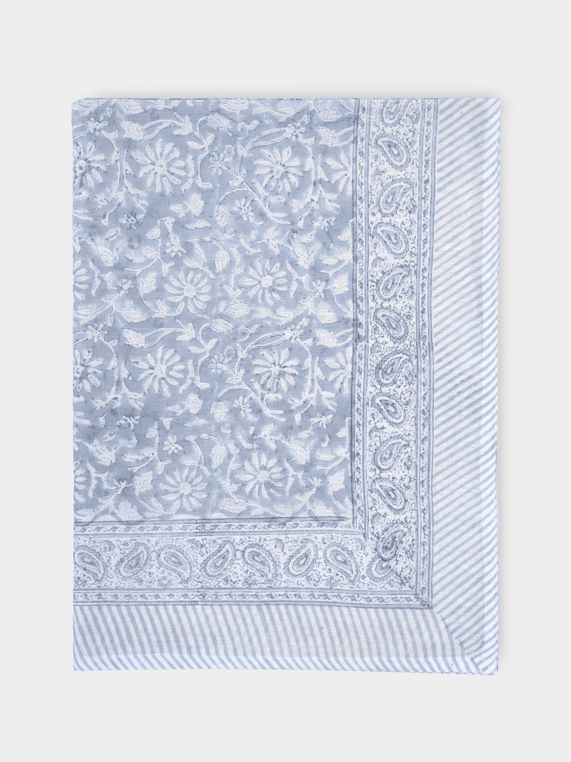 Chamois - Margerita Block-Printed Linen Medium Rectangular Tablecloth - Gray - ABASK - 