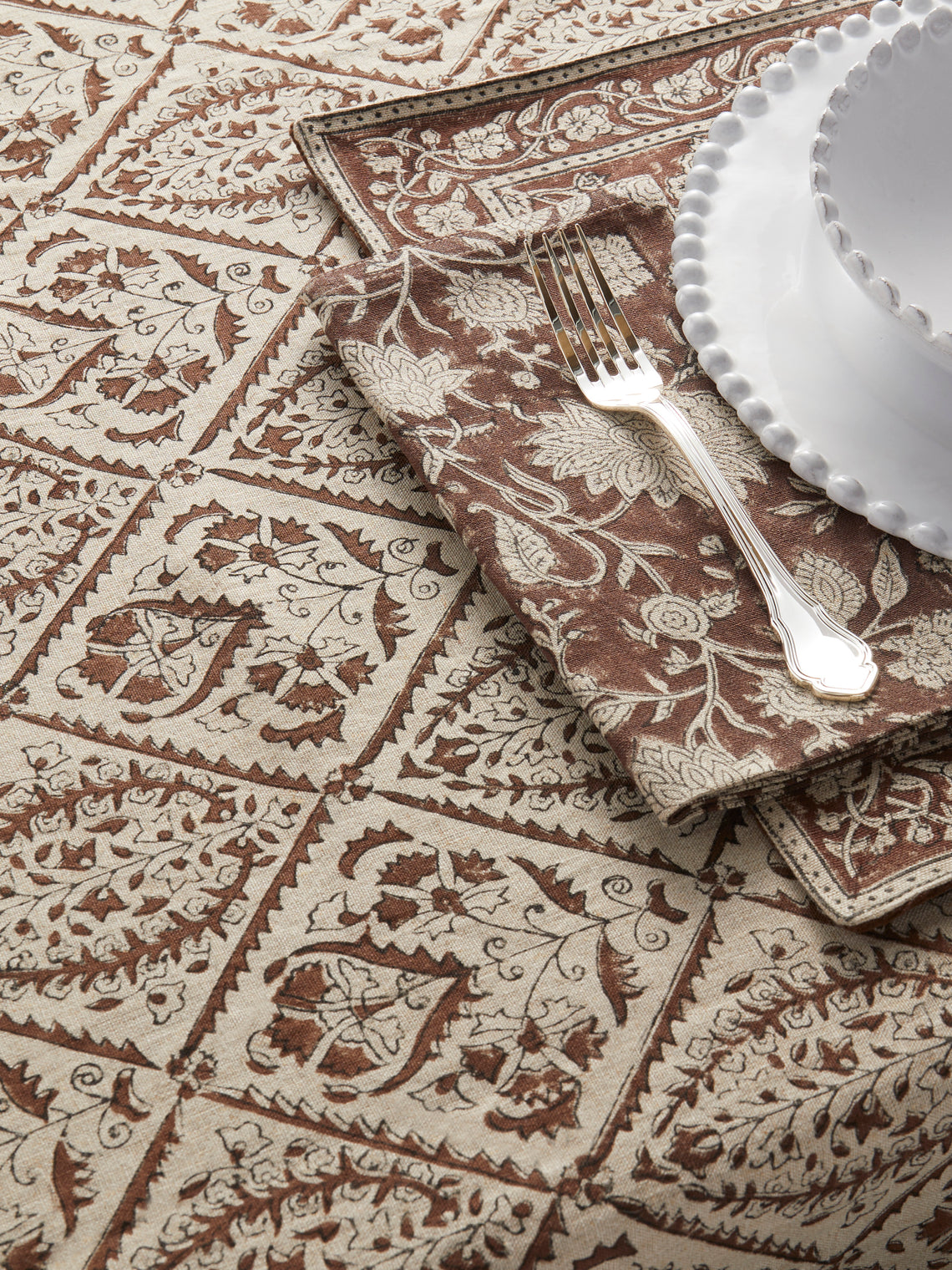 Chamois - Jaipur Block-Printed Linen Rectangular Tablecloth (106in/2.7m) - Brown - ABASK