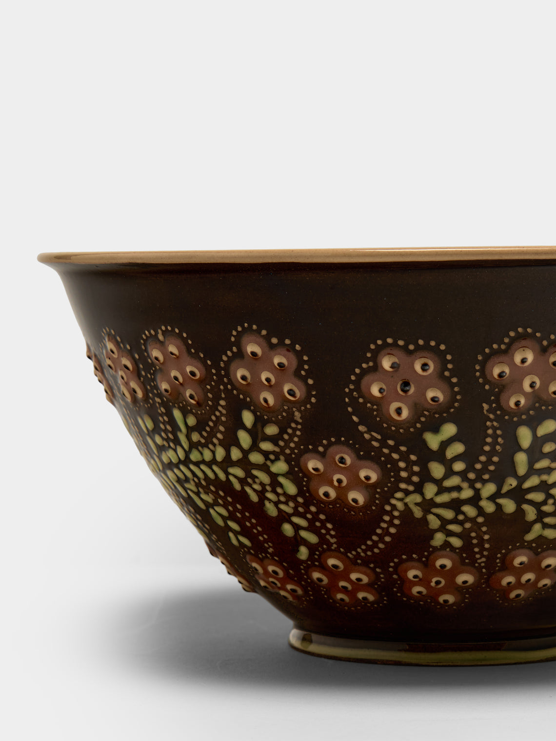 Poterie d’Évires - Flowers Hand-Painted Ceramic Petite Salad Bowl - Dark brown - ABASK