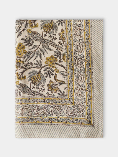 Chamois - Parrot Block-Printed Linen Rectangular Tablecloth (90.5in/2.3m) - Natural - ABASK - 