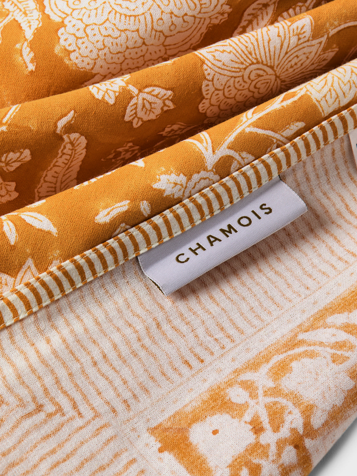 Chamois - Indian Rose Block-Printed Cotton Rectangular Tablecloth (106.5in/2.7m) - Orange - ABASK