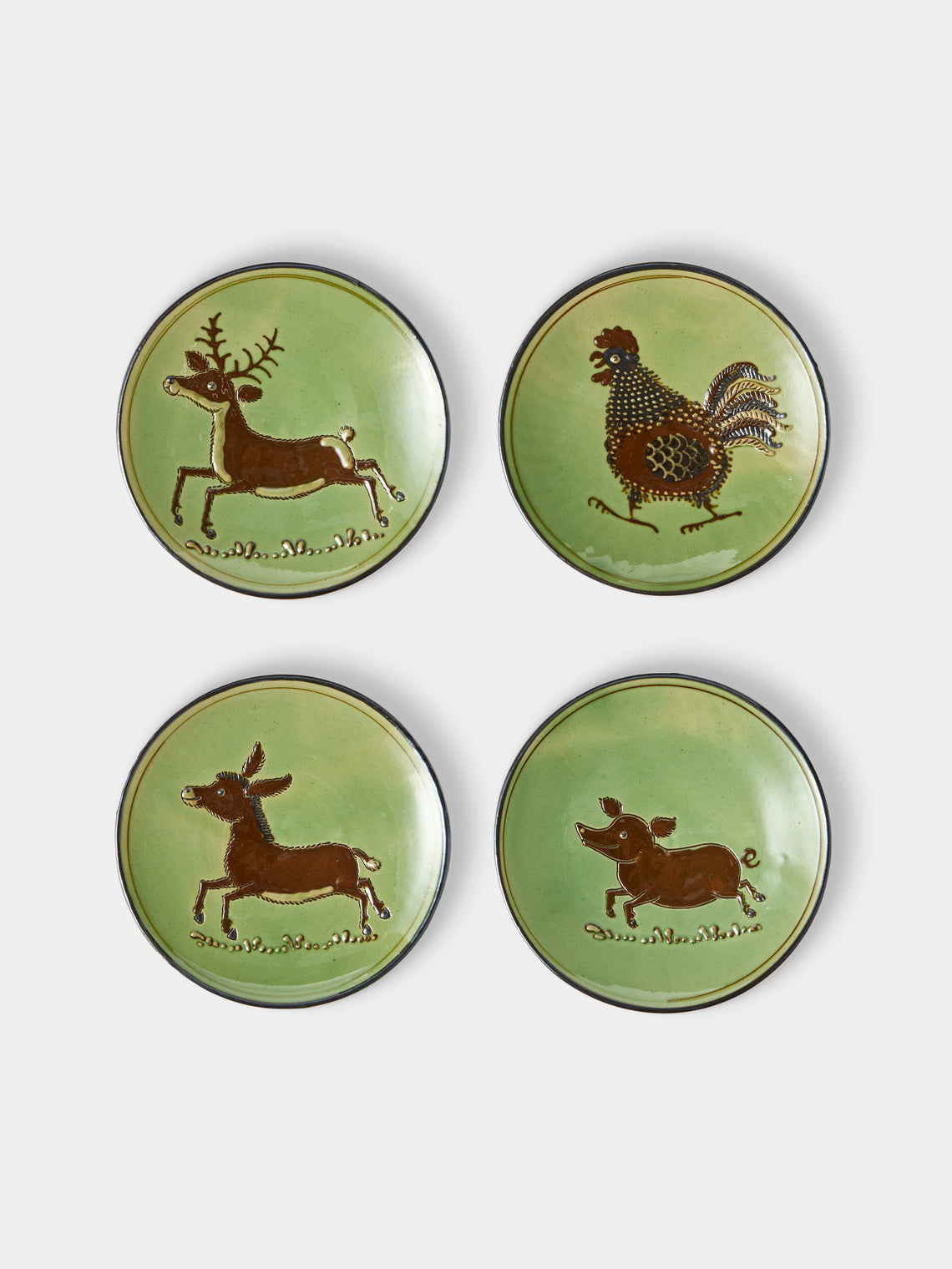 Poterie d’Évires - Animals Hand-Painted Ceramic Plates – 5.5in/14cm (Set of 4) - Green - ABASK - 