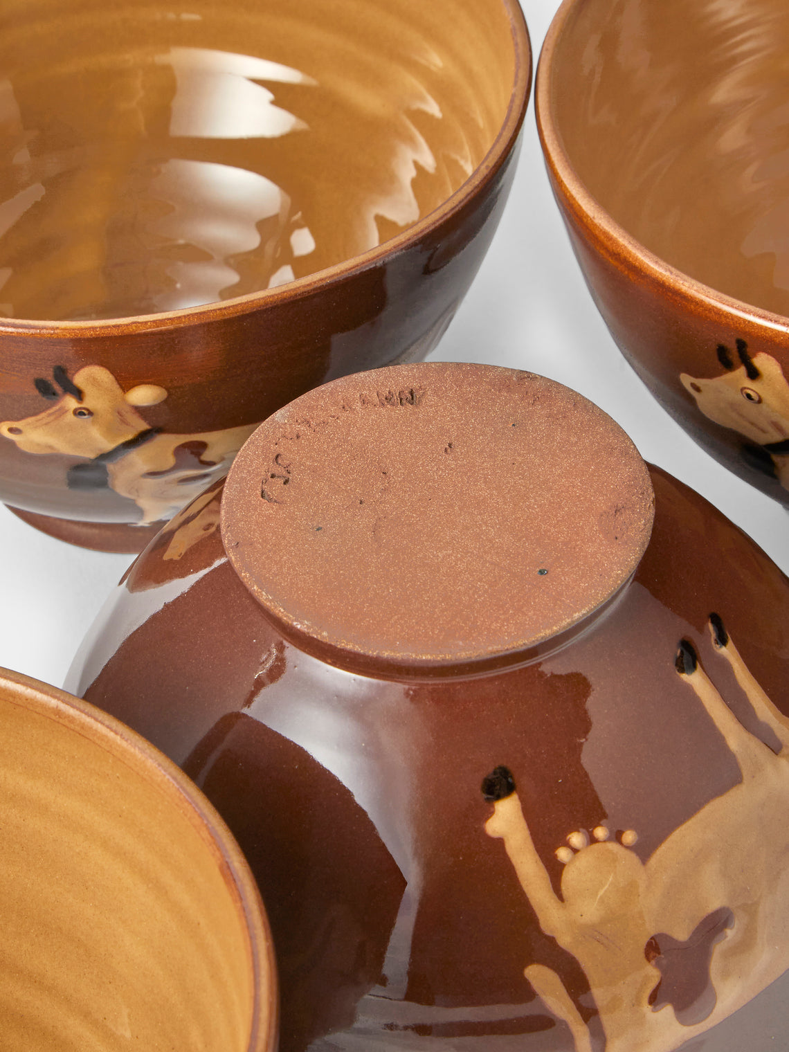 Poterie d’Évires - Cows Hand-Painted Ceramic Grand Bowls (Set of 4) - Light Brown - ABASK