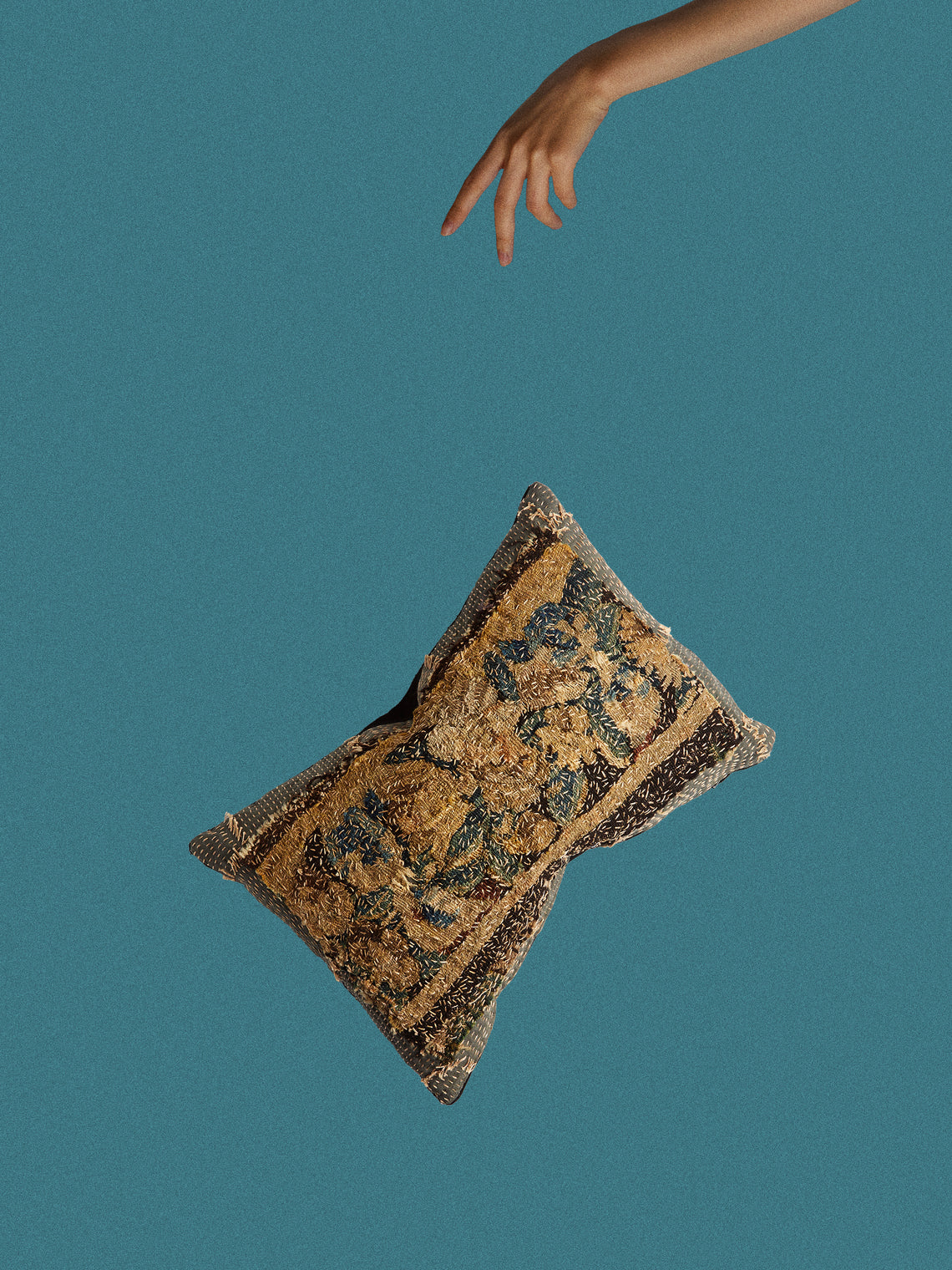 By Walid - 17th-Century French Tapestry and Linen Cushion (19.5in/50cm) - Navy - ABASK