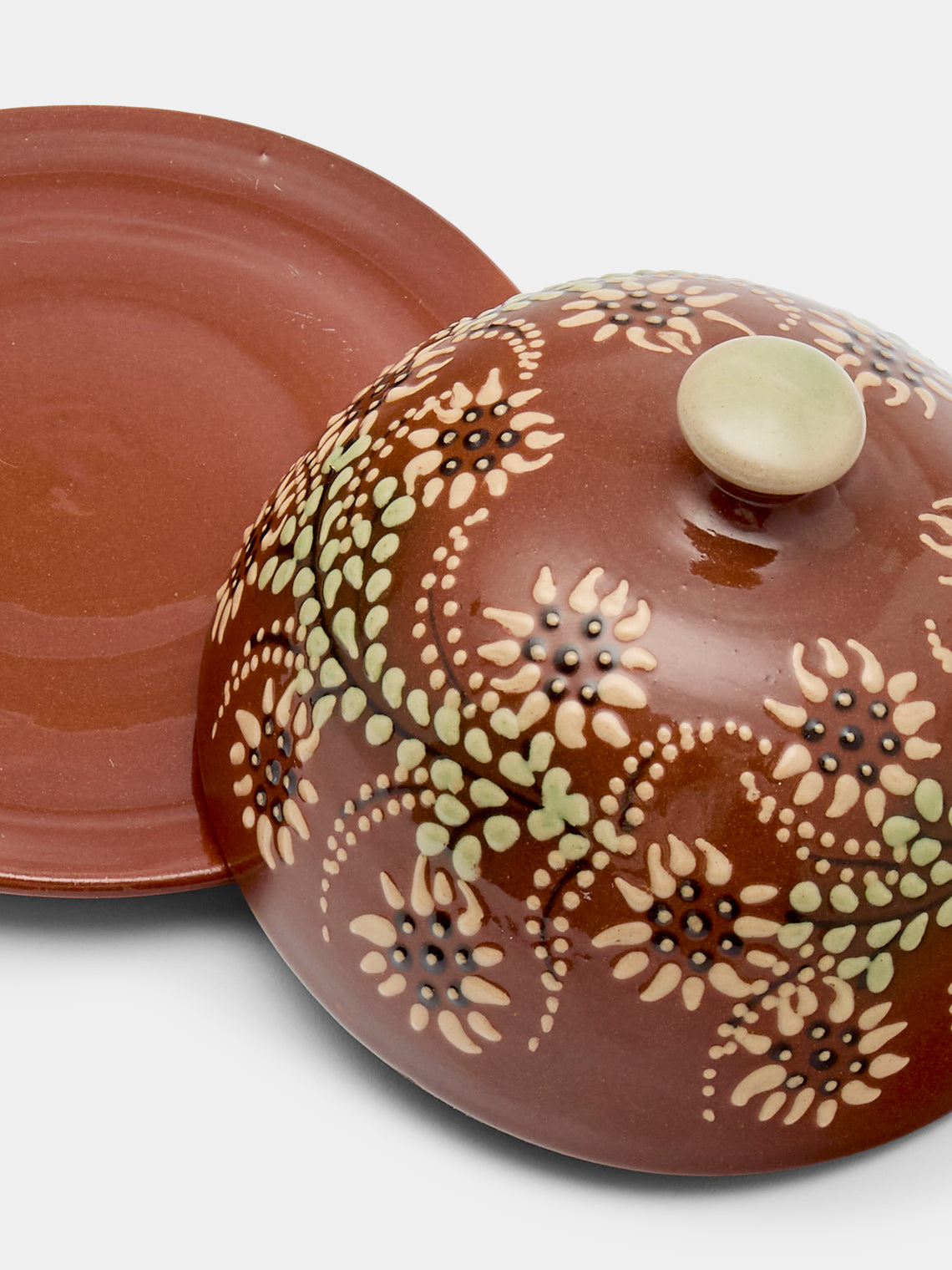 Poterie d’Évires - Flowers Hand-Painted Ceramic Small Butter Dish - Light brown - ABASK