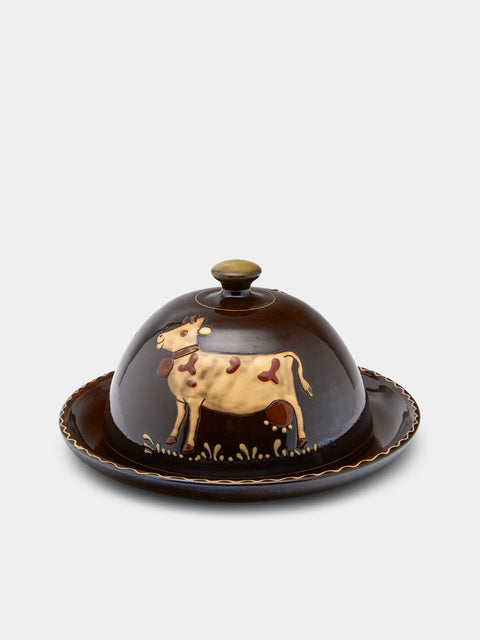 Poterie d’Évires - Cows Hand-Painted Ceramic Large Butter Dish - Dark brown - ABASK - 