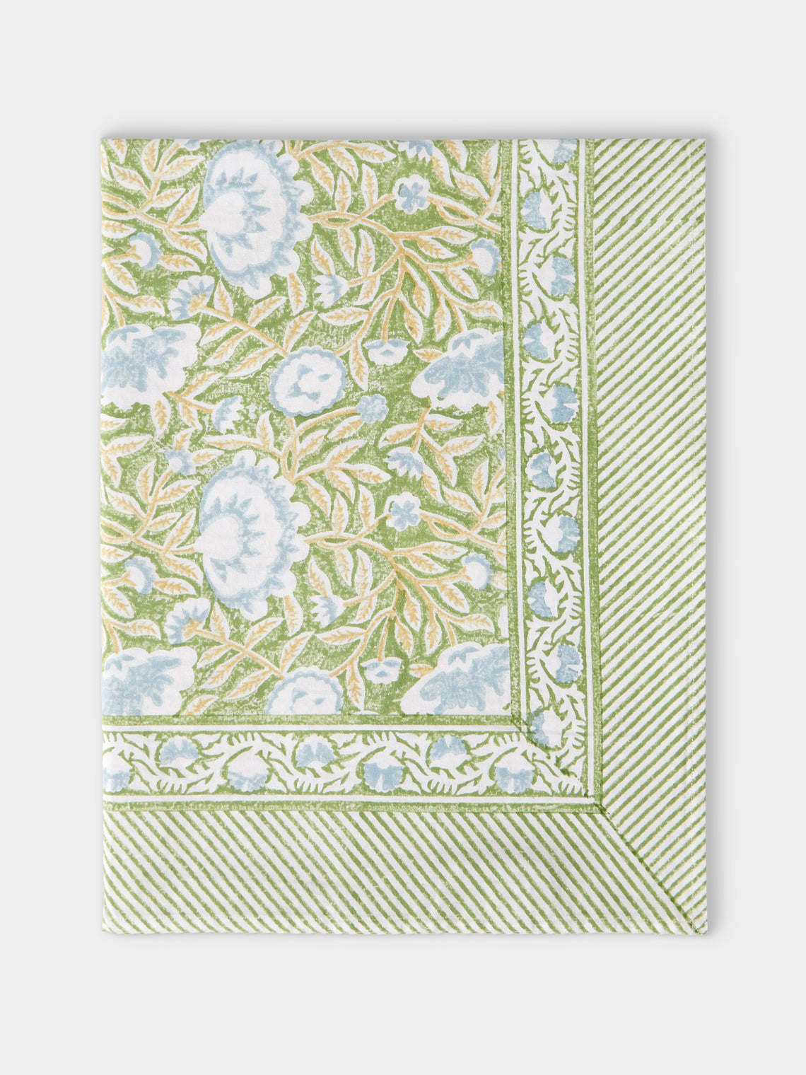 Chamois - The Garden of Mathilde Block-Printed Cotton Rectangular Tablecloth (106.5in/2.7m) - Green - ABASK - 