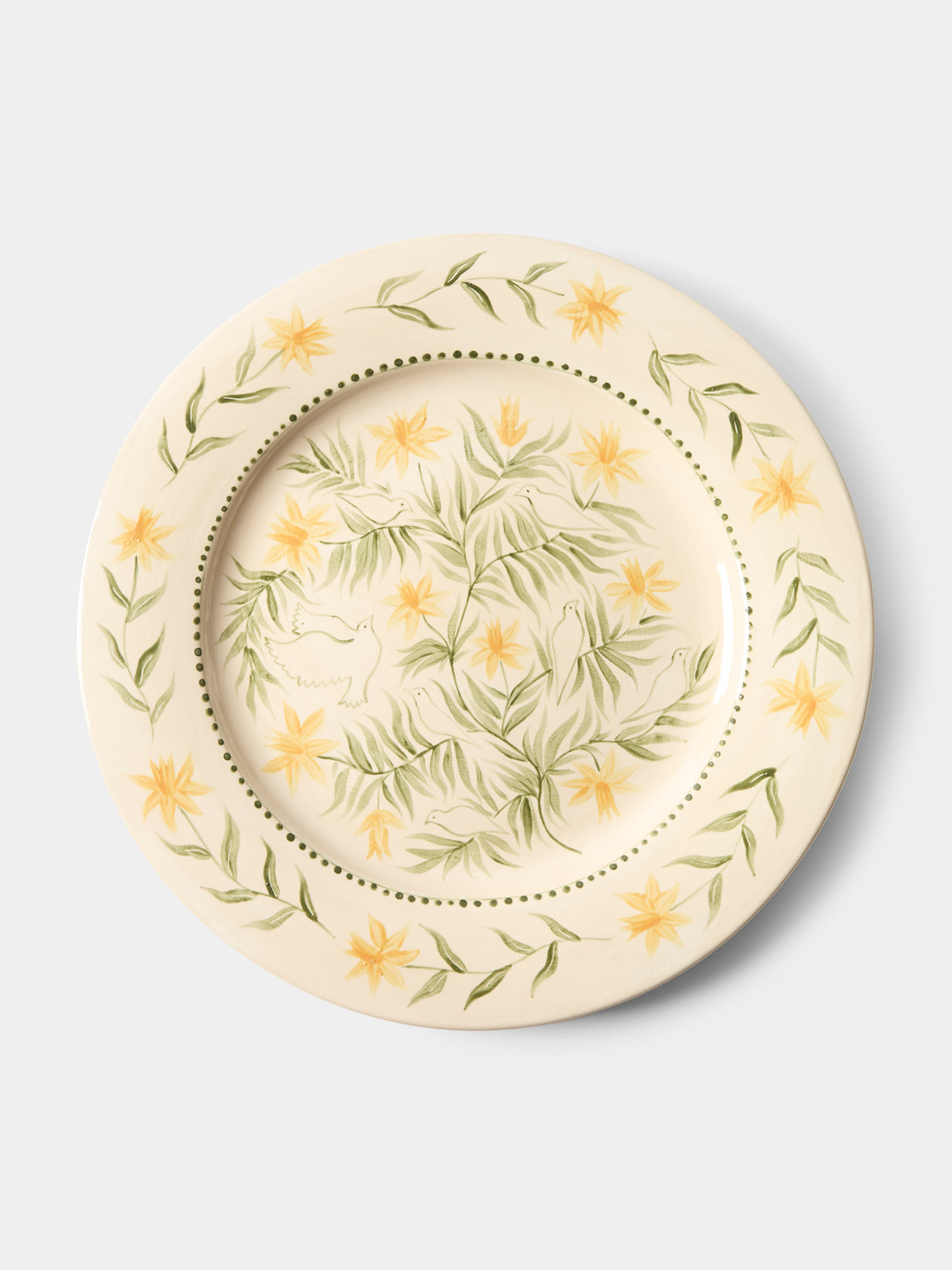 Rosanna Corfe - Doves and Daffodils Hand-Painted Ceramic Round Platter - Cream - ABASK - 