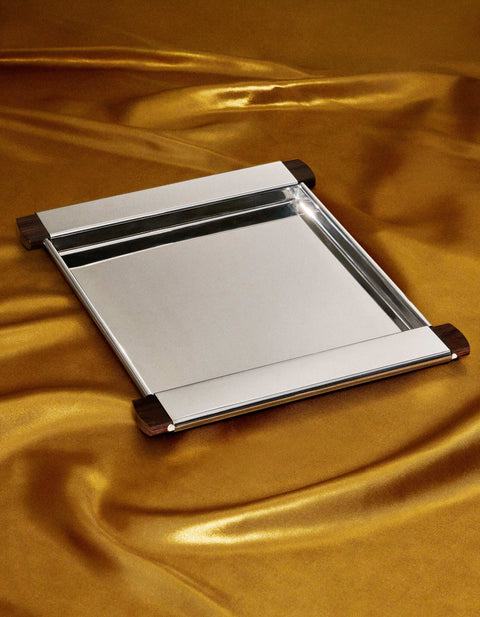 San Lorenzo - 1988 Afra and Tobia Scarpa Sterling Silver and Wood Tray (12in/31cm) - Silver - ABASK