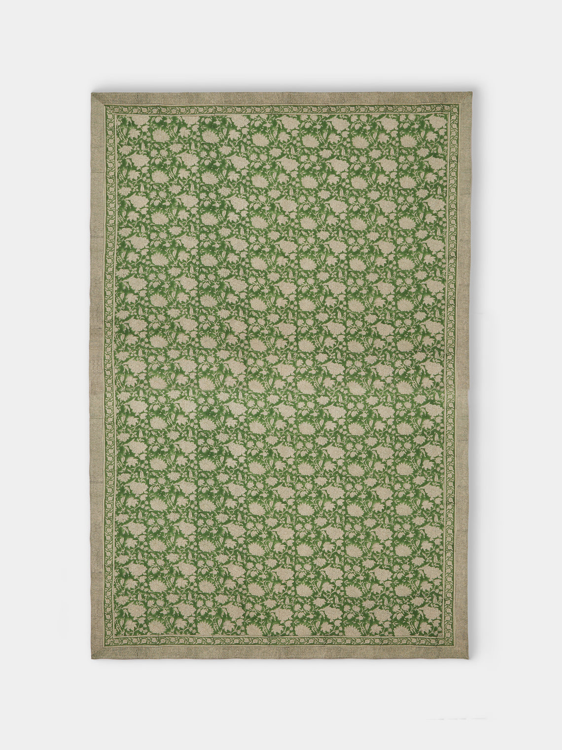 Chamois - Parrot Block-Printed Linen Rectangular Tablecloth (138in/3.5m) - Green - ABASK