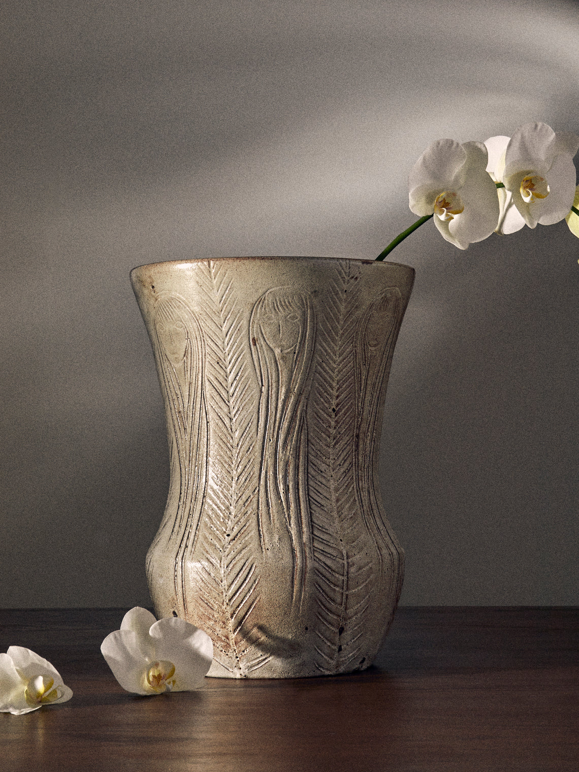 Antique and Vintage - Mid-Century Accolay Etched Ceramic Vase (14.5in/37cm) - Light Gray - ABASK