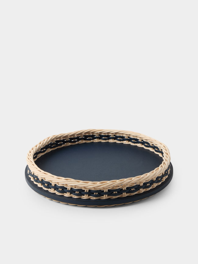 Pigment France - Orsay Leather and Rattan Round Tray (14.5in/37cm) - Blue - ABASK - 