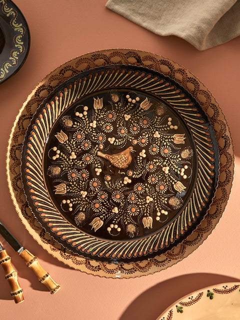 Poterie d’Évires - Birds Hand-Painted Ceramic Large Round Platter - Dark brown - ABASK