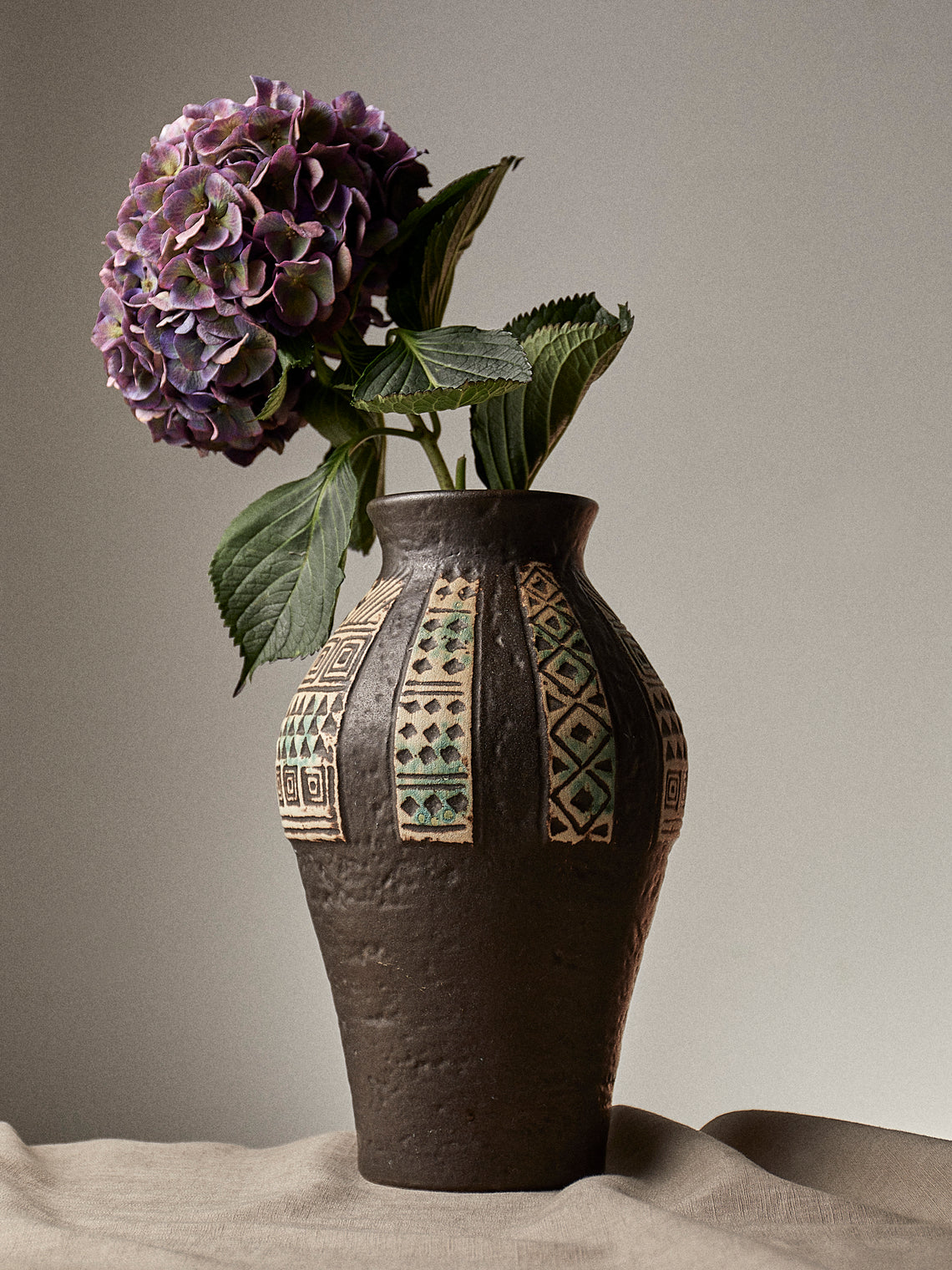 Antique and Vintage - Mid-Century Ceramic Vase (14in/35.5cm) - Black - ABASK