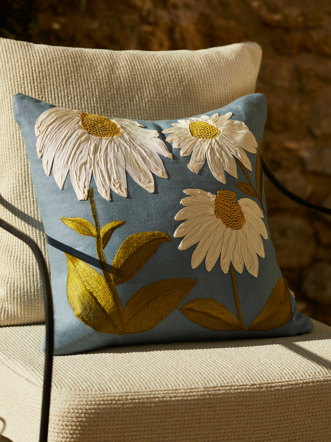 Ode to Echinacea Hand-Embroidered Linen Cushion (19.5in/50cm)