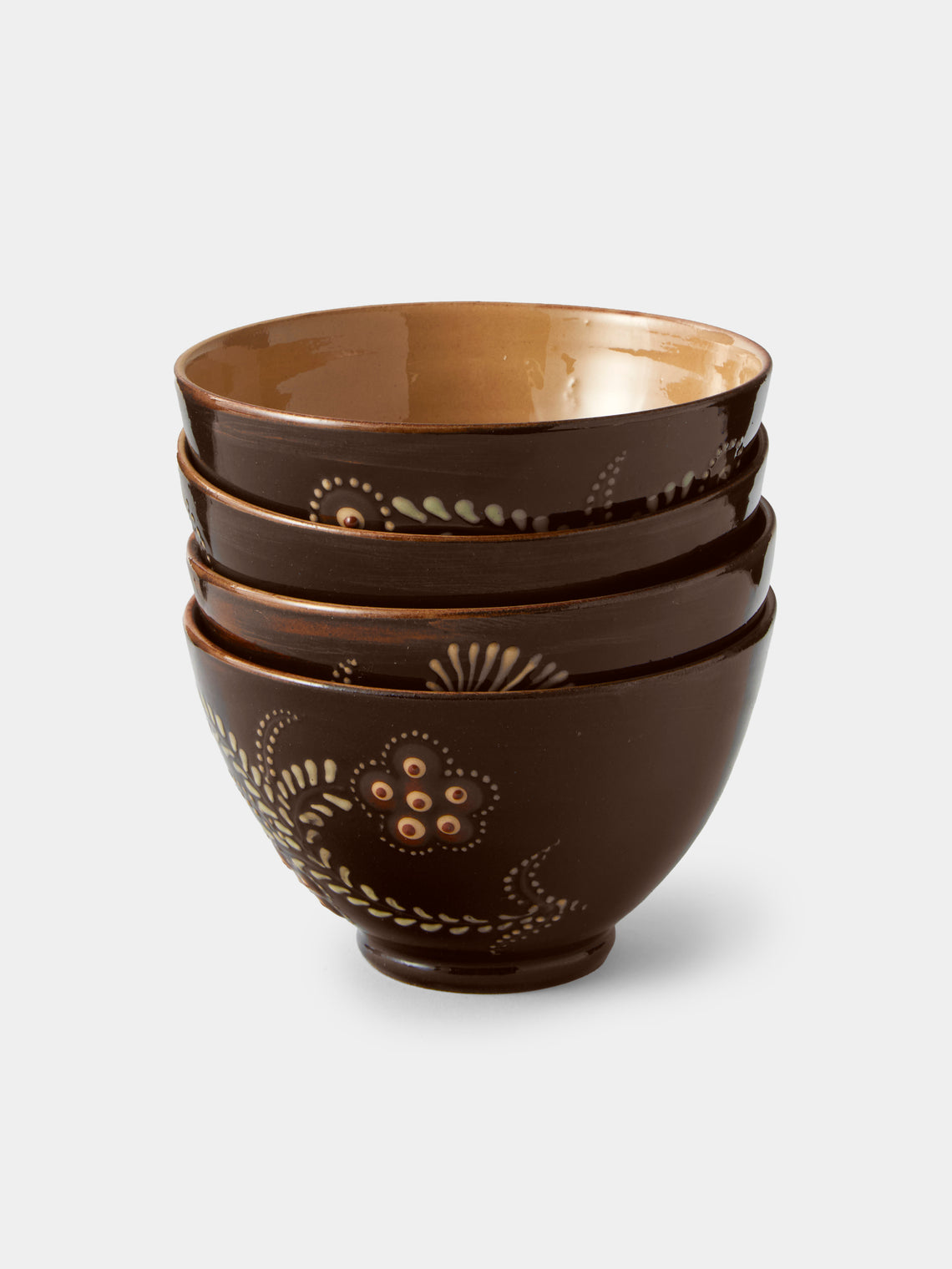 Poterie d’Évires - Flowers Hand-Painted Ceramic Small Bowls (Set of 4) - Dark Brown - ABASK - 